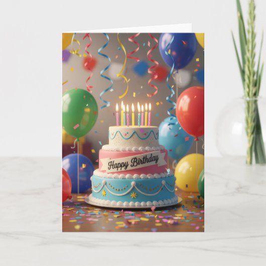 Carte Colorful Celebration Cake & Balloons Birthday Card (Devant)