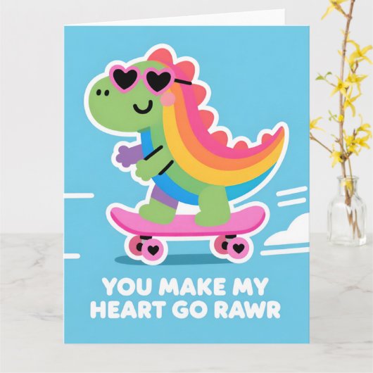 Carte Colorful Dino Love Funny Valentine Card (Fleur jaune)