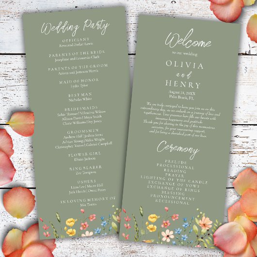 Carte Colorful Fleur sauvage Sage Green Wedding Programm