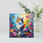 Carte Colorful Impasto Cat, Flowers and Butterflies (Debout devant)