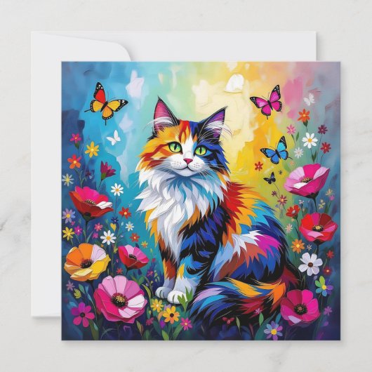 Carte Colorful Impasto Cat, Flowers and Butterflies (Devant)