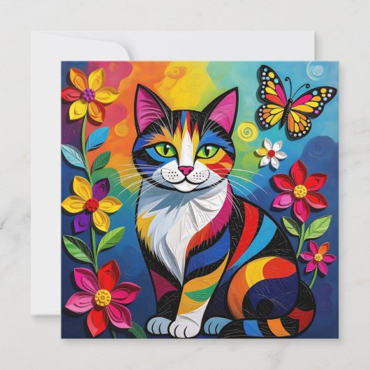 Carte Colorful Paper Cat, Flowers and Butterflies (Devant)