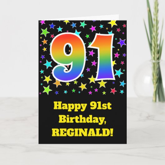 Carte Colorful Stars + Rainbow Pattern "91" Birthday # (Devant)
