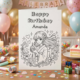 Carte Colorie Moi | Anime Fille et Gâteau d'Anniversaire
