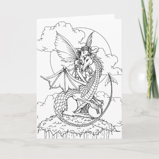 Carte Coloriez vous-même la fée et le dragon dessin (Devant)