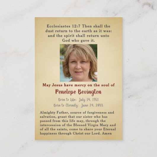 Carte commémorative catholique des funérailles du (Dos)