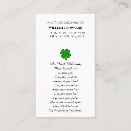 Carte commémorative de célébration de la vie (Dos)