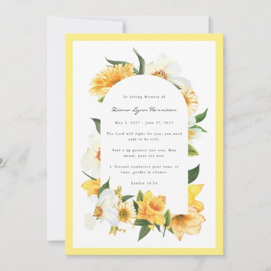 Carte commémorative de deuil à fleurs jaunes et bl (Devant)