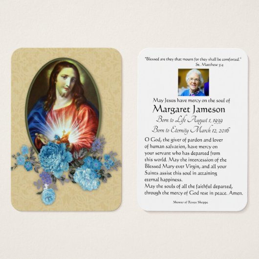 Carte commémorative de prière funéraire catholique (Devant & derrière)