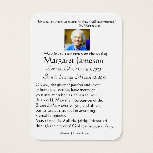 Carte commémorative de prière funéraire de Jésus e (Dos)