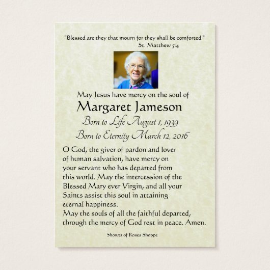 Carte commémorative de prière funéraire de la Vier (Dos)