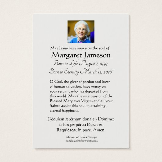 Carte commémorative de prière funéraire latine de  (Dos)