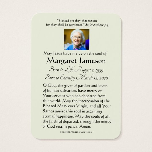 Carte commémorative de prière funéraire Vierge Mar (Dos)