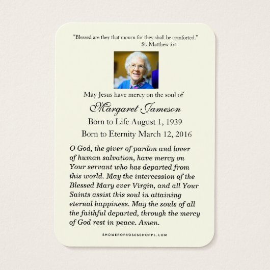 Carte commémorative de prières funéraires de l'Enf (Dos)