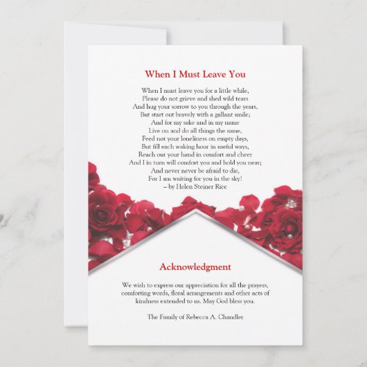 Carte commémorative des funérailles de Red Roses (Dos)