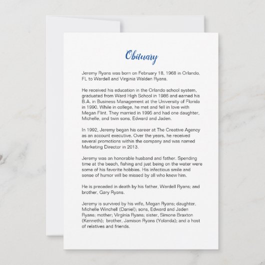 Carte commémorative funéraire de plage (Dos)