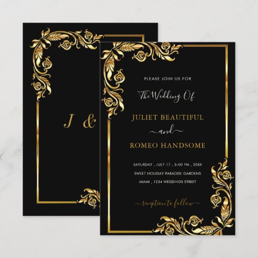 Carte Conception de carton d'invitation de mariage Noir (Devant / Derrière)
