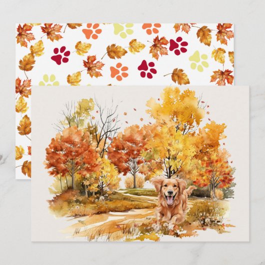 Carte Conception de chien d'automne à l'aquarelle - Retr (Devant / Derrière)