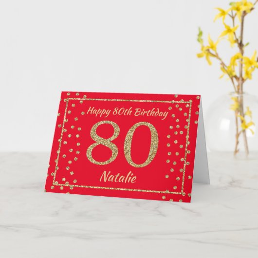 Carte Confetti Parties scintillant rouge et or 80e (Fleur jaune)
