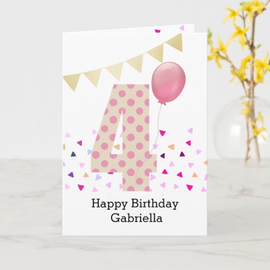 Carte Confetti Pink Polka Dot 4e anniversaire (Fleur jaune)