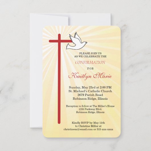 Carte Confirmation pour fille Colombe dorée Rayons (Devant)