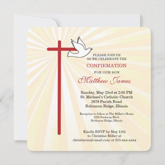 Carte Confirmation pour fils Croix Colombe Rayons Dorés (Devant)