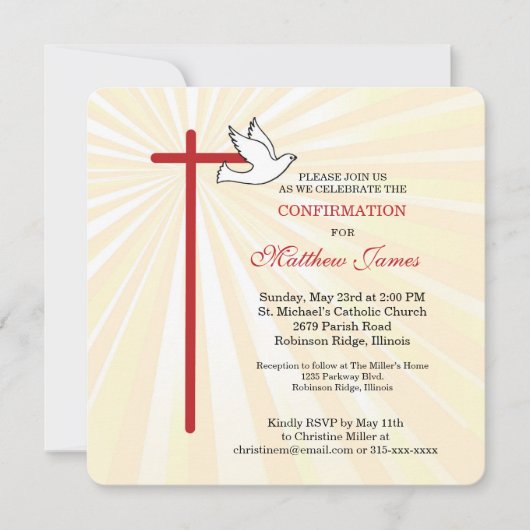 Carte Confirmation pour garçon Croix Colombe Rayons Doré (Devant)