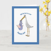 Carte Congé de maternité, cigogne et bébé (Fleur jaune)