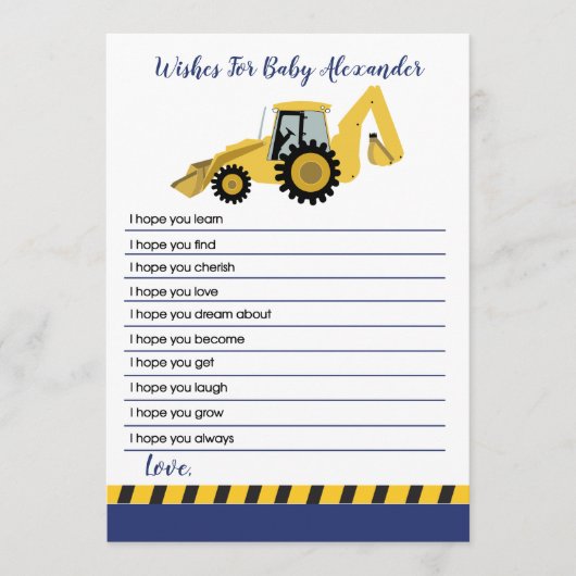 Carte Conseil Baby shower en backhoe de construction souhaits po (Devant)
