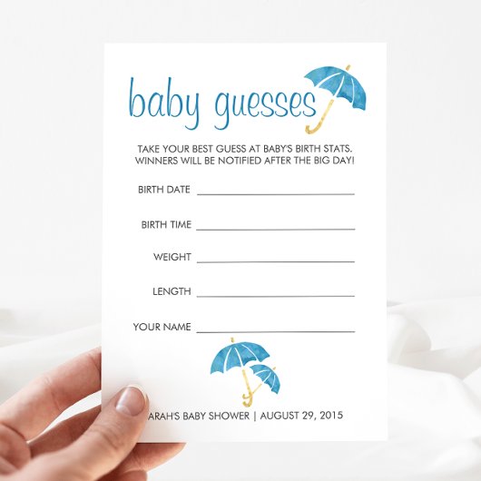 Carte Conseil Baby shower Parapluies Bleues Jeu de devinette