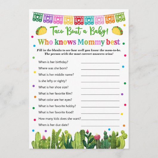 Carte Conseil Baby shower Taco Qui Connaît Maman Meilleur Jeu (Devant)