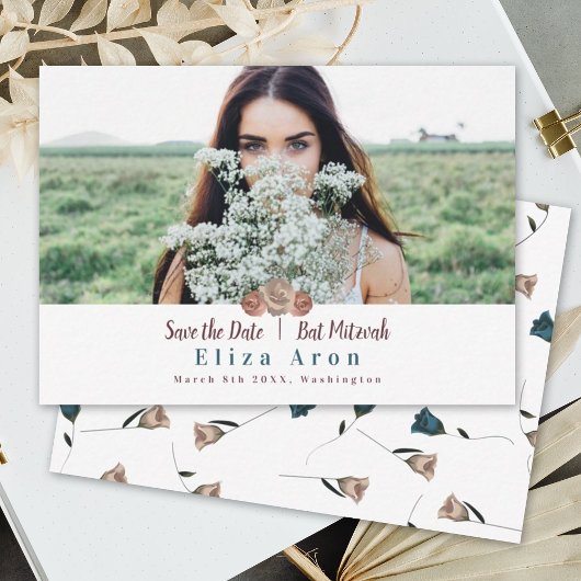 Carte Conseil Beige clair Mauve Roses Bat Mitzvah Enregistrer la