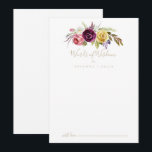 Carte Conseil Boho d'or Tropical Floral Mariages Mots de sagesse<br><div class="desc">Cette carte de conseil de sagesse boho tropical mots or est parfaite pour un mariage rustique. Le design se compose de plumes sauvages brunes peintes à la main, jaune sauce, blanc, violet, rose, rousse, bordeaux et baies bleues soigneusement disposées en de beaux bouquets. Ces cartes sont parfaites pour un mariage,...</div>