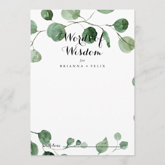 Carte Conseil Calligraphie Mots Mariages de sagesse Eucalyptus (Devant)
