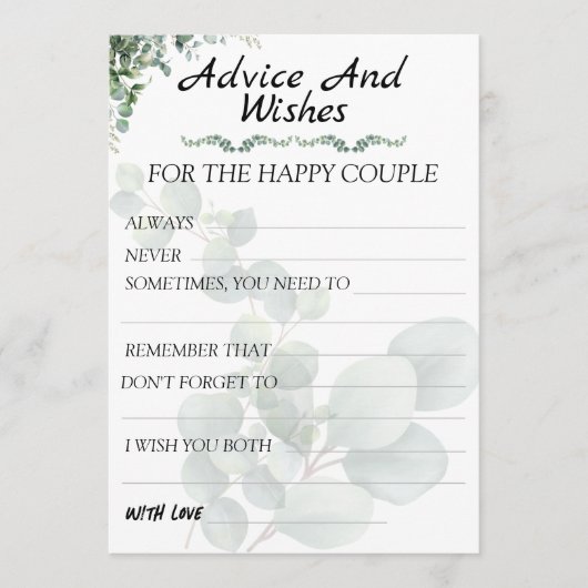 Carte Conseil Conseils et vœux de mariage modernes en eucalyptus (Devant)