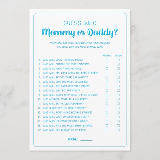 Carte Conseil Devinez Qui maman ou papa Jeu Baby shower garçon b (Devant)