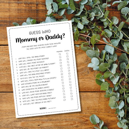 Carte Conseil Devinez qui maman ou papa jeu Baby shower jeu