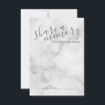 Carte Conseil Élégant Mariage de script en marbre 'Share a Memor<br><div class="desc">Ajoutez une touche personnelle à votre mariage grâce à un conseil et une carte de souhaits de mariage de script moderne. Cette carte comporte le titre "partager une mémoire" en gris style de police de calligraphie moderne et des détails en gris moderne sans serif style de police sur blanc arrière...</div>