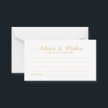 Carte Conseil Elégant Script Mariage Gold Conseils et Wish Card<br><div class="desc">Ajoutez une touche personnelle à votre mariage avec un élégant conseil de mariage et une carte de voeux. Cette carte de conseil comprend le titre en or élégant style de police calligraphie et les détails en or classique serif style de police sur arrière - plan blanc. Parfait pour mariage, baby...</div>