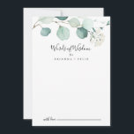 Carte Conseil Été Vert Eucalyptus Mariages Paroles de sagesse<br><div class="desc">Cet été vert eucalyptus mariage mots de la carte conseil de sagesse est parfait pour un mariage moderne. Le design présente de magnifiques feuilles d'eucalyptus verts peints à la main, inspirant le charme naturel. Ces cartes sont parfaites pour un mariage, une douche nuptiale, un baby shower, une fête de remise...</div>