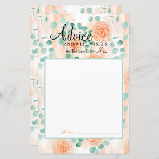 Carte conseil Eucalyptus Green Peach Floral Bride (Devant / Derrière)