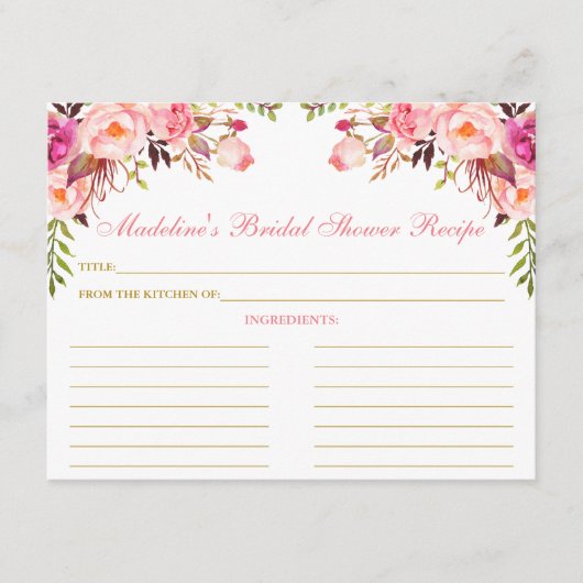 Carte Conseil Fête des mariées Rose Blush Floral Gold Recette Ca (Devant)