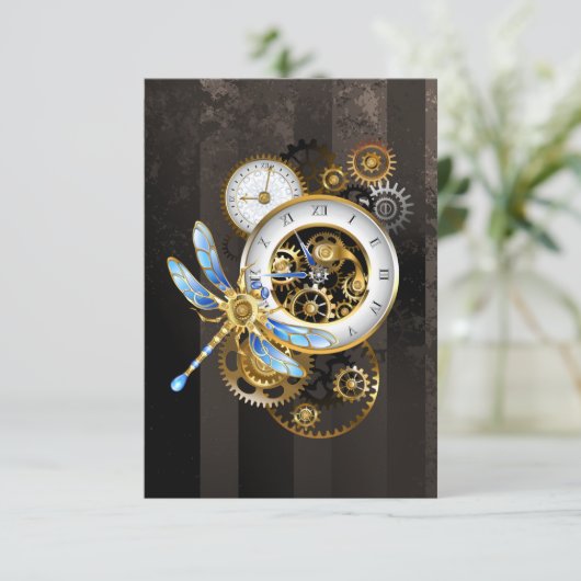 Carte Conseil Horloge à vapeur avec libellule mécanique (Debout devant)