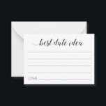 Carte Conseil Idée Moderne De Meilleure Date Pour Les Nouveaux M<br><div class="desc">Ces élégantes cartes "best date idea" feront le moyen idéal d'obtenir des idées de dattes pour les jeunes mariés. Ce design combine un script calligraphique moderne et des polices de blocs. Une partie de la collection Alejandra.</div>