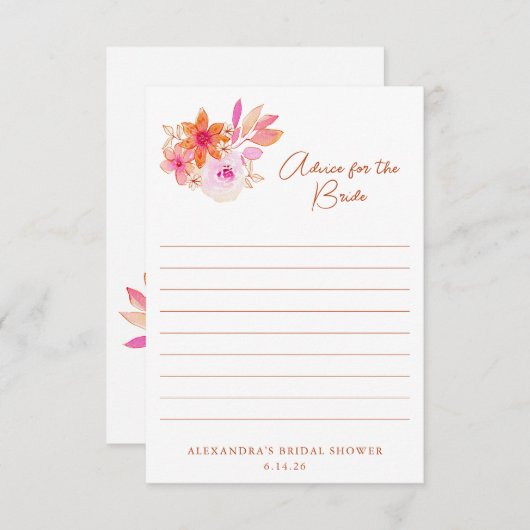 Carte Conseil Mariage Bohème Fleurs Roses et Oranges sous la Dou (Devant / Derrière)