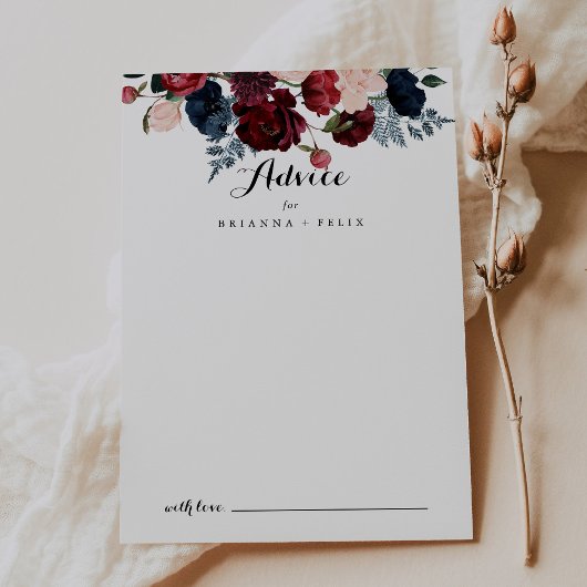 Carte Conseil Mariage de calligraphie florale de la marine borde