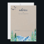 Carte Conseil Mariage de destination Kraft Rocky Mountain<br><div class="desc">Cette carte de conseil de mariage Kraft Rocky Mountain est parfaite pour un mariage extérieur et peut être utilisée pour n'importe quel événement. Le design présente un paysage sauvage peint en bleu et vert avec des pins d'aquarelle, des oiseaux et des montagnes sur un arrière - plan en papier kraft...</div>