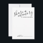 Carte Conseil mariage de script moderne 'Partager une mémoire'<br><div class="desc">Ajoutez une touche personnelle à votre mariage grâce à un conseil et une carte de souhaits de mariage de script moderne. Cette carte comporte le titre "partager une mémoire" en noir style de police de calligraphie moderne et des détails en noir style de police sans serif moderne sur arrière -...</div>