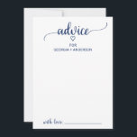 Carte Conseil Mariage simple de calligraphie marine<br><div class="desc">Cette simple carte de conseil mariage de calligraphie marine est parfaite pour un mariage simple et peut être utilisé pour n'importe quel événement. Le design blanc et bleu présente une typographie rustique chic et un coeur romantique charmant. Ces cartes de conseil peuvent être utilisées comme alternative de livre d'or pour...</div>