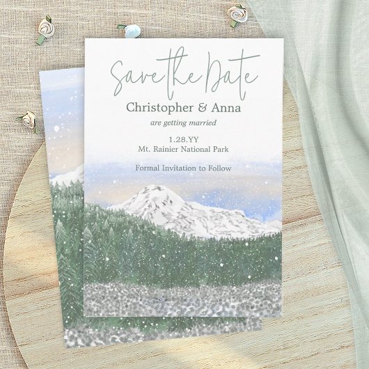 Carte Conseil Mount Rainier, Falling Snow Wedding Save the Date